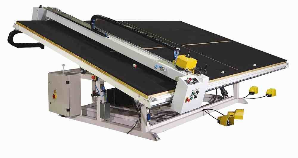 Manual glass cutting table on a workshop floor