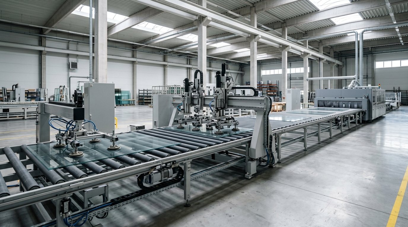 Close-up of an industrial glass-processing machine with rollers and clamps