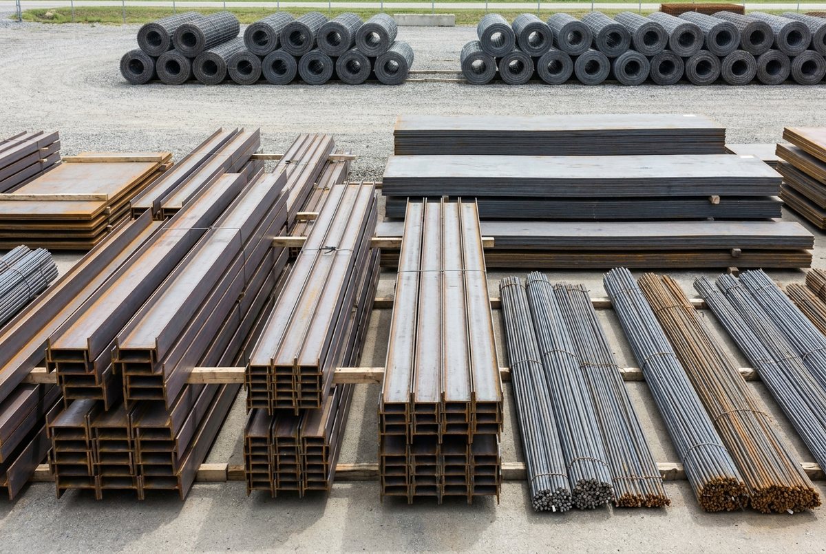 Stacks of structural steel beams and reinforcing bar in a yard