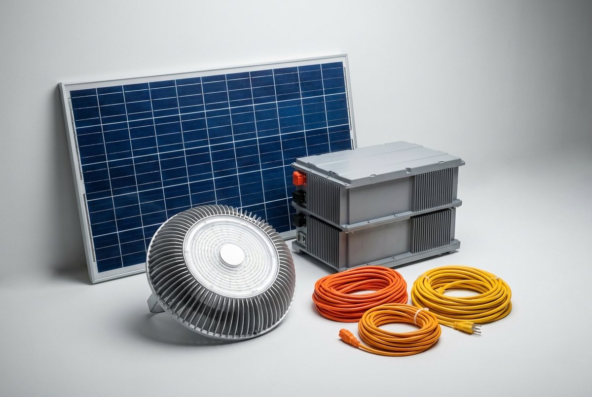 Solar panels, LED luminaires and a lithium battery module