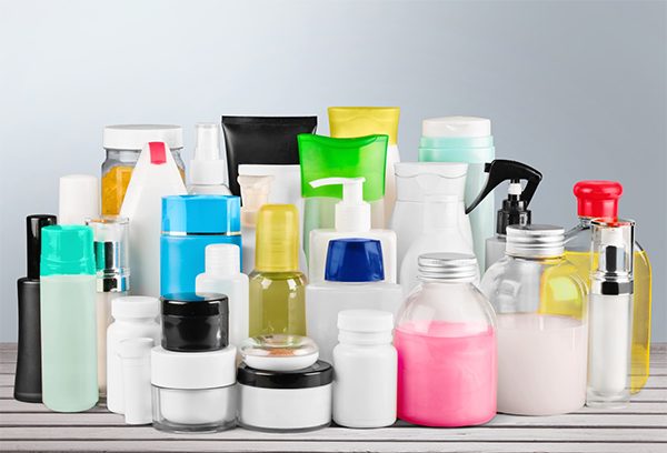 Assortment of plastic bottles, jars and packaging containers