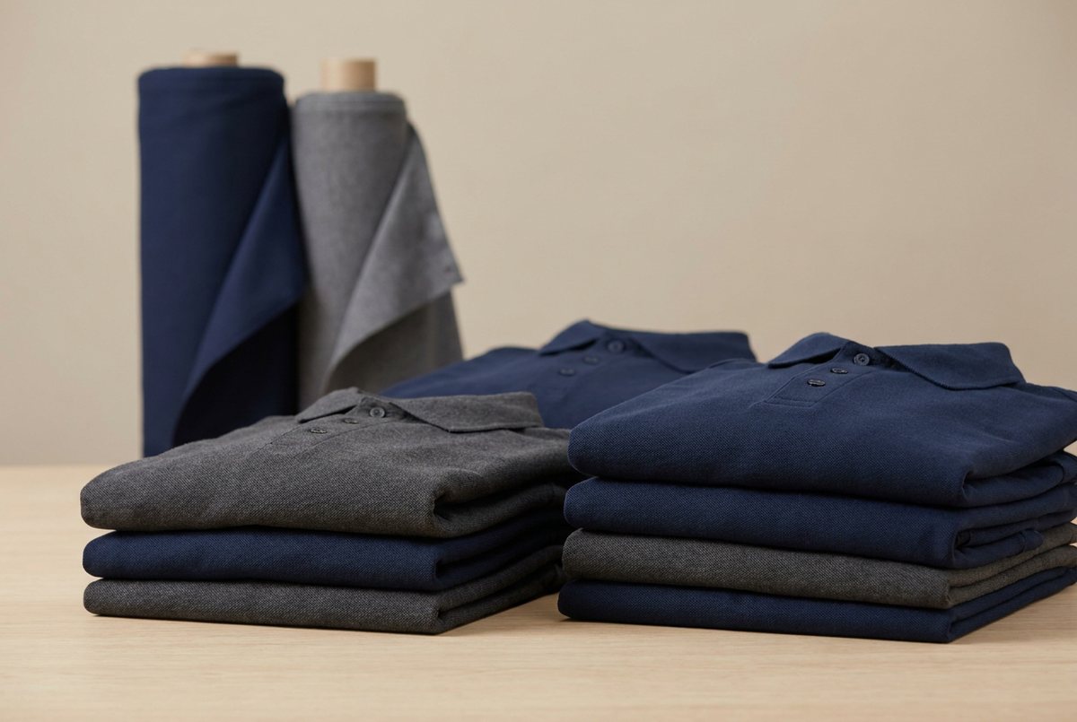 Stacks of folded work uniforms and apparel in a textile factory