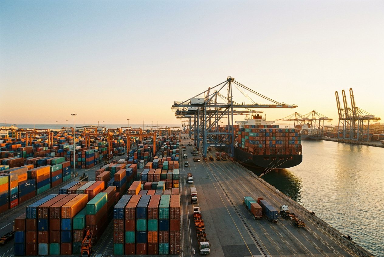 Shipping containers stacked at an international port terminal