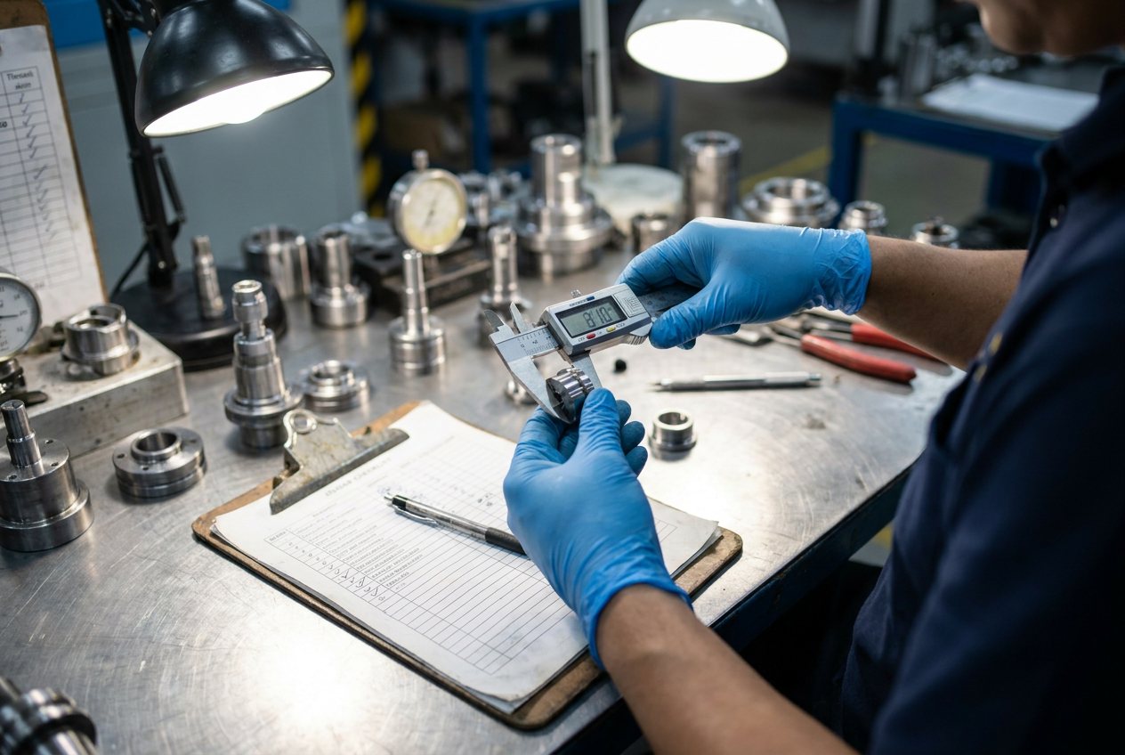 Quality inspector using calipers and a checklist to inspect manufactured goods before shipment