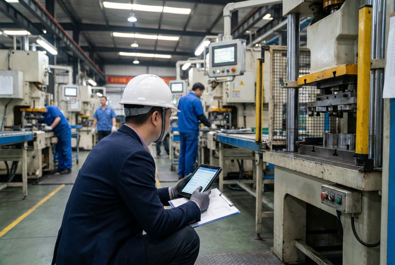 Sourcing specialist with a tablet auditing a supplier on a factory production floor in China